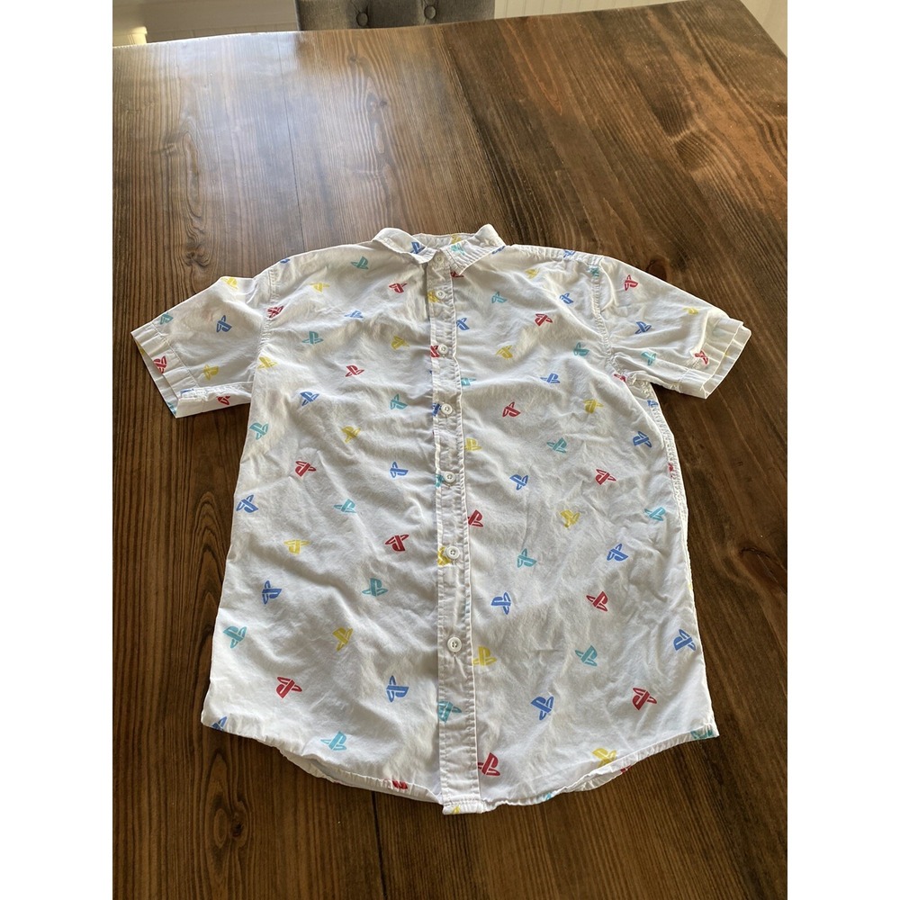 PlayStation Button Down Shirt Mens Small‎ White Excellent All Over Logo Print